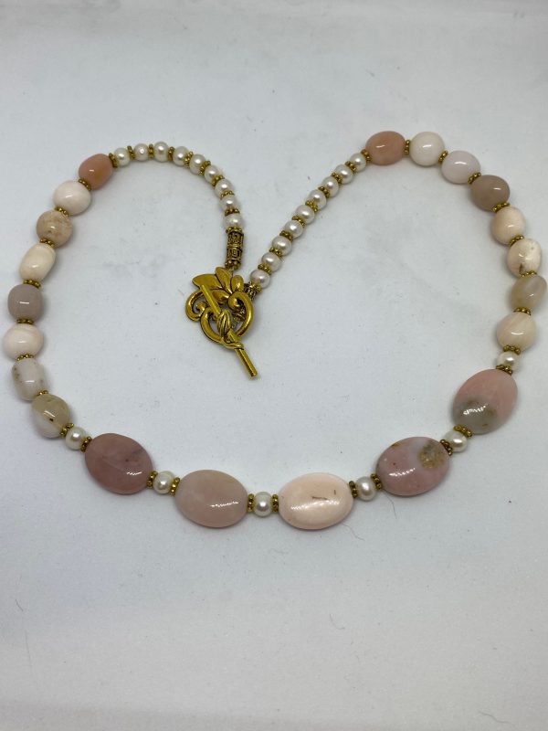 Peruvian Pink Opal, Agate, and Pearl Necklace. This necklace supports Happiness and tranquility and Good Luck.
