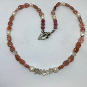 #23 Rhodochrosite, Pearl, and Herkimer Diamond Necklace