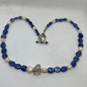 #25 Blue Kyanite, Herkimer Diamond, and Pearl Necklace