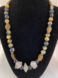 Blue Tiger Eye, Herkimer Diamond, Bronzite, and Jet Necklace.

This necklace promotes Clear Communication, Psychic Development, Courage, and Protection. 