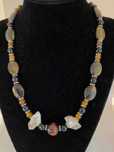 Blue Tiger Eye, Herkimer Diamond, and Jet Necklace.

This necklace promotes Happiness, Personal Power, Psychic Development, and Protection. 