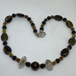#32 Yellow, Red, and Blue Tiger Eye with Herkimer Diamonds and Jet Necklace