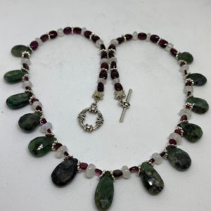 #43 Emerald, Moonstone, and Garnet Necklace