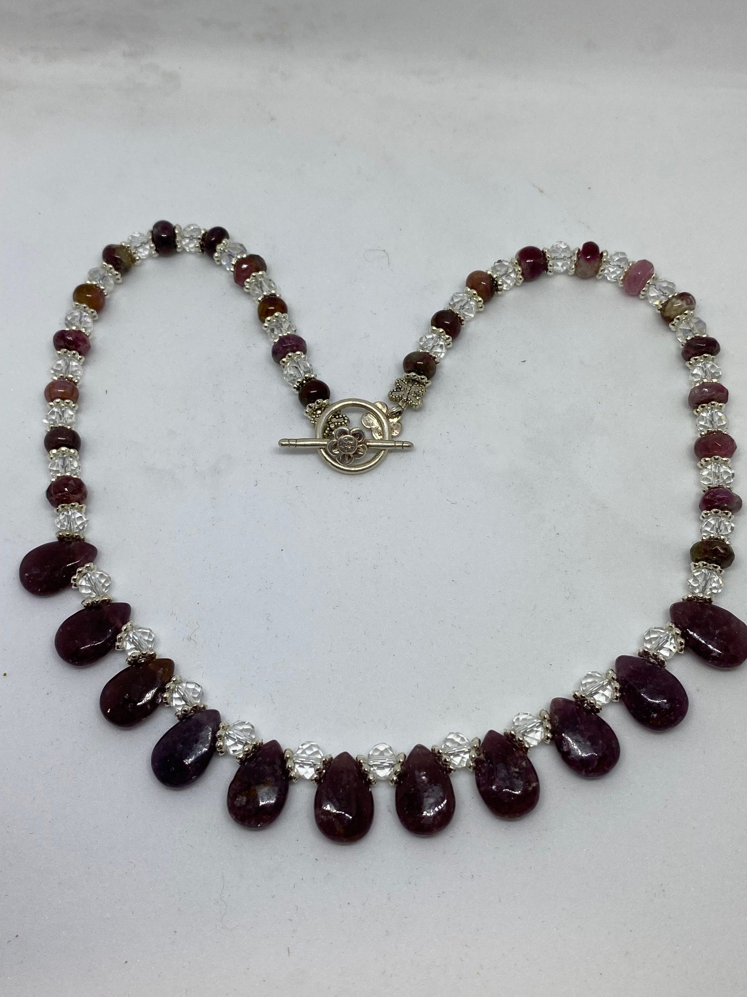Lepidolite, Swarovski Crystal, and Pink Tourmaline Necklace This necklace supports Serenity, Prosperity, and Heart-Opening.