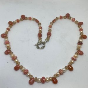#48 Rhodochrosite, Pearl, and Swarovski Crystal Necklace