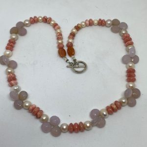 #49 Rhodochrosite, Pearl, and Blue Chalcedony Necklace