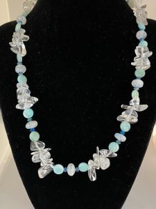 Clear Quartz, Amazonite, Moonstone, and Swarovski Crystal Necklace
This necklace brings emotional support on all levels as well as joy.