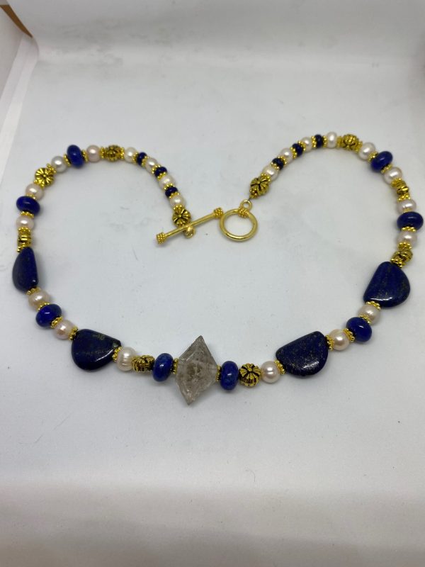 Lapis, Pearl and Elestial Quartz Necklace Promotes Manifesting from the Heart. 