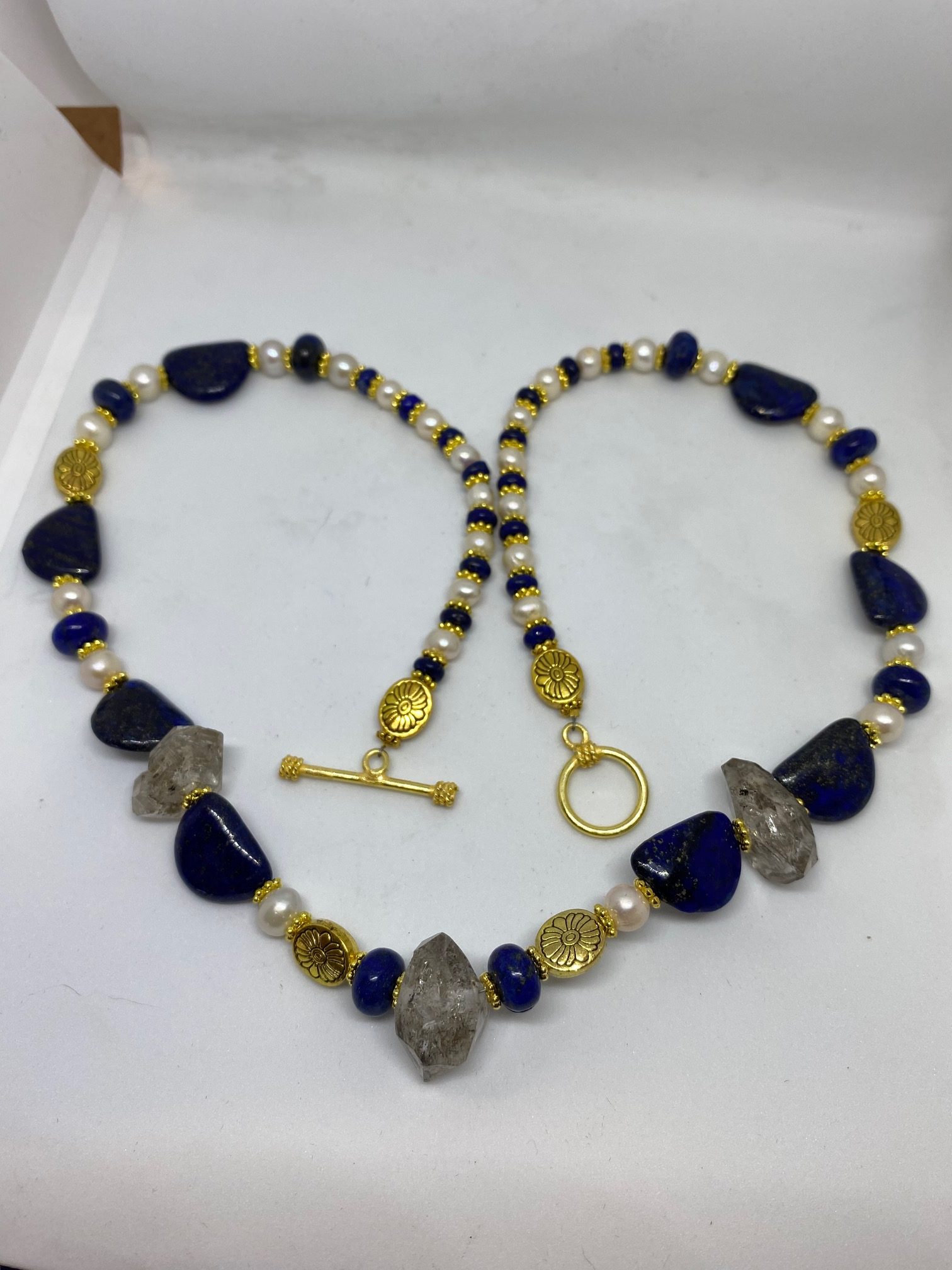 Lapis Lazuli, Pearl and Elestial Quartz Necklace Promotes Manifesting from the Heart.